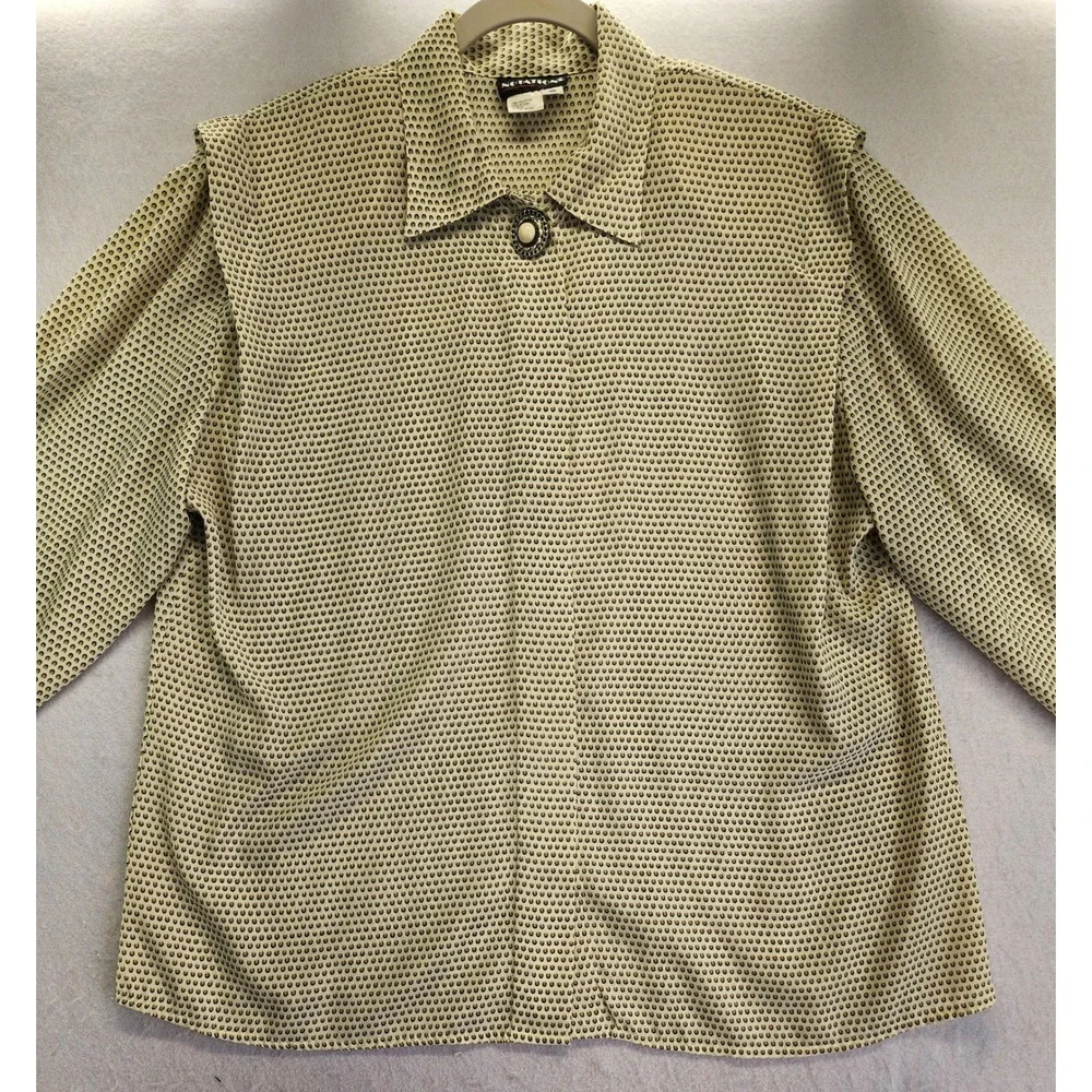 Notations Vintage Tan Black Geometric Print Long Sleeve Button Up Blouse 16